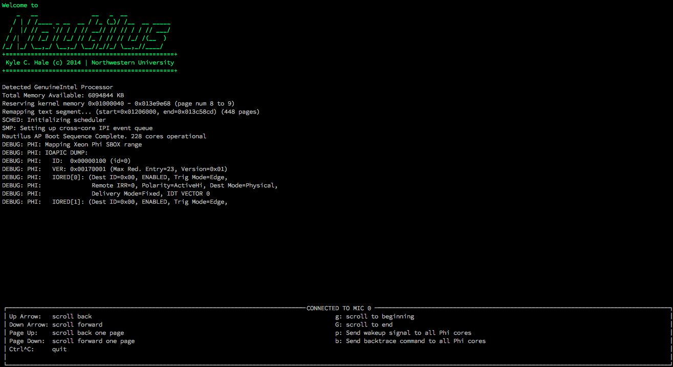 Our Nautilus kernel booting on the Xeon Phi with Philix